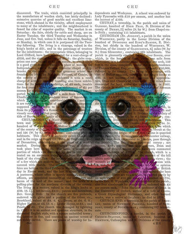 English Bulldog and Flower Glasses White Modern Wood Framed Art Print with Double Matting by Fab Funky