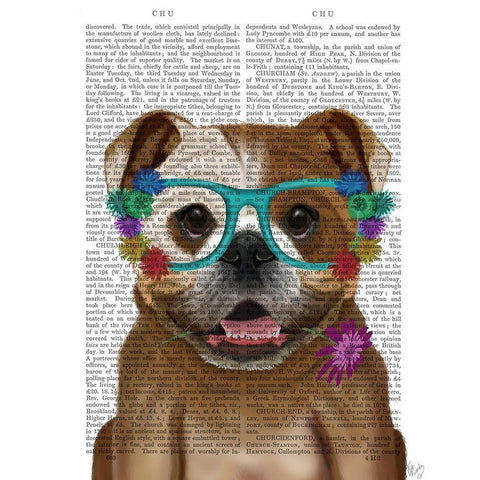 English Bulldog and Flower Glasses Gold Ornate Wood Framed Art Print with Double Matting by Fab Funky
