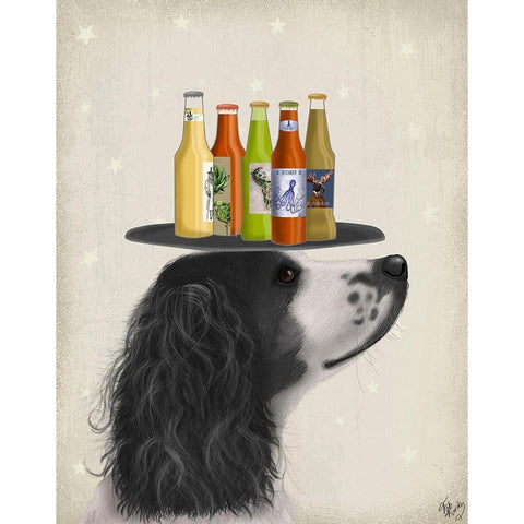 Springer Spaniel Black White Beer Lover White Modern Wood Framed Art Print by Fab Funky