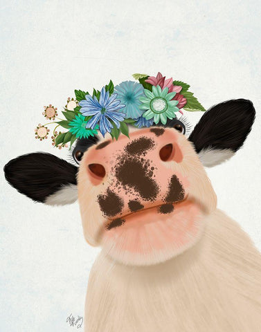Cow with Flower Crown 1 White Modern Wood Framed Art Print with Double Matting by Fab Funky
