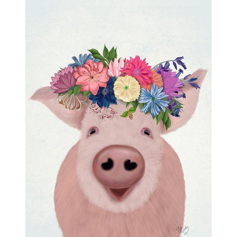 Pig and Flower Crown Gold Ornate Wood Framed Art Print with Double Matting by Fab Funky