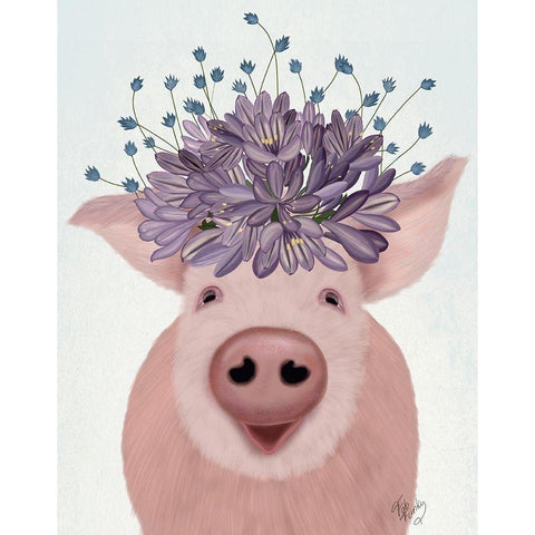 Pig and Lilac Flowers Gold Ornate Wood Framed Art Print with Double Matting by Fab Funky