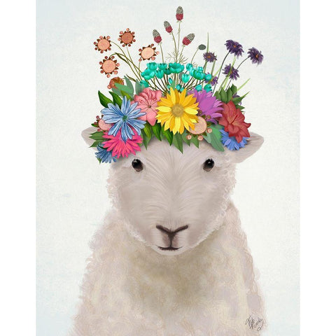 Sheep with Flower Crown 1 White Modern Wood Framed Art Print by Fab Funky