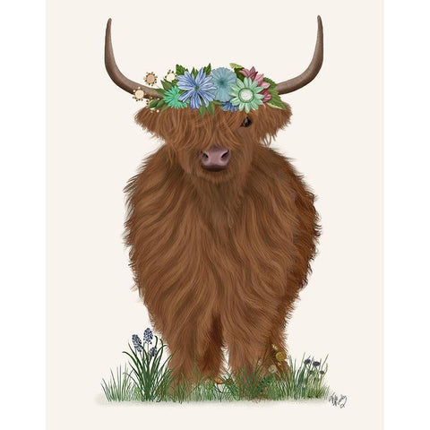 Highland Cow with Flower Crown 2, Full Black Modern Wood Framed Art Print by Fab Funky