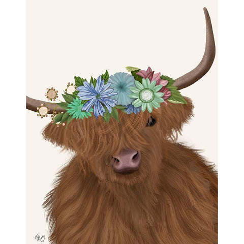 Highland Cow with Flower Crown 2, Portrait Gold Ornate Wood Framed Art Print with Double Matting by Fab Funky