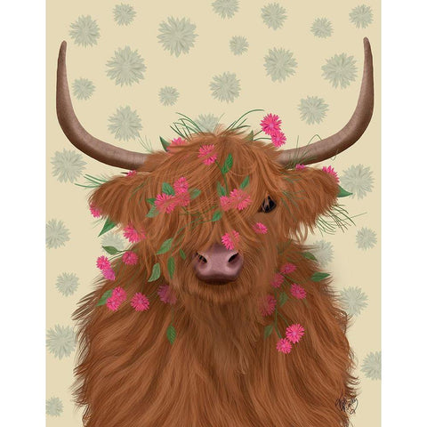 Highland Cow 1, Pink Flowers White Modern Wood Framed Art Print by Fab Funky