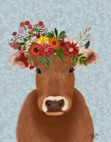 Cow Bohemian 1 White Modern Wood Framed Art Print with Double Matting by Fab Funky