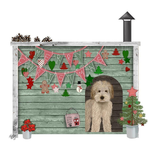 Christmas Des - Christmas Kennel - Homespun White Modern Wood Framed Art Print with Double Matting by Fab Funky
