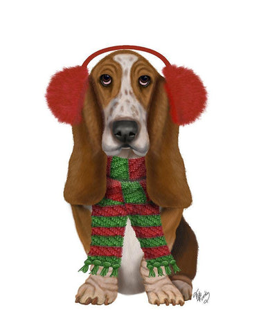 Christmas Des - Basset Hound and Ear Muffs White Modern Wood Framed Art Print with Double Matting by Fab Funky