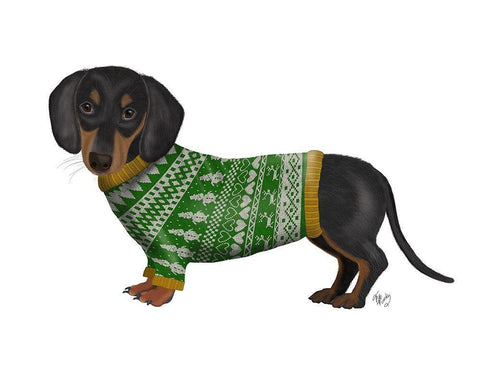Christmas Des - Dachshund and Christmas Sweater White Modern Wood Framed Art Print with Double Matting by Fab Funky
