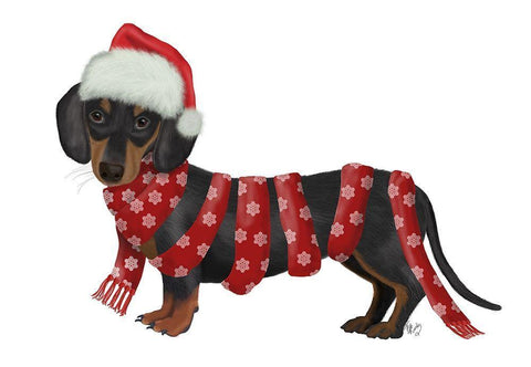 Christmas Des - Dachshund Snowflake Scarf White Modern Wood Framed Art Print with Double Matting by Fab Funky