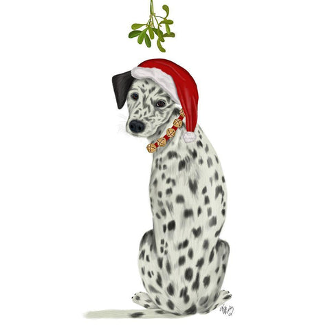 Christmas Des - Dalmatian Mistletoe White Modern Wood Framed Art Print with Double Matting by Fab Funky
