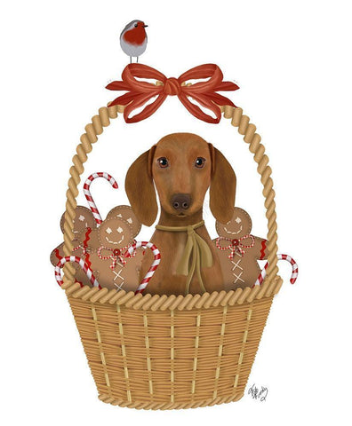 Christmas Des - Dog in Basket with Gingerbread Men White Modern Wood Framed Art Print with Double Matting by Fab Funky
