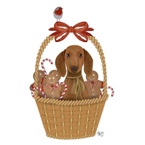Christmas Des - Dog in Basket with Gingerbread Men Gold Ornate Wood Framed Art Print with Double Matting by Fab Funky