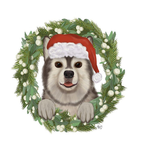 Christmas Des - Husky Wreath White Modern Wood Framed Art Print with Double Matting by Fab Funky