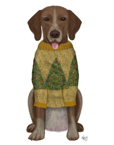 Christmas Des - Mutt in Yellow Christmas Sweater White Modern Wood Framed Art Print with Double Matting by Fab Funky