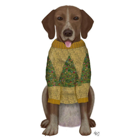 Christmas Des - Mutt in Yellow Christmas Sweater Black Modern Wood Framed Art Print by Fab Funky