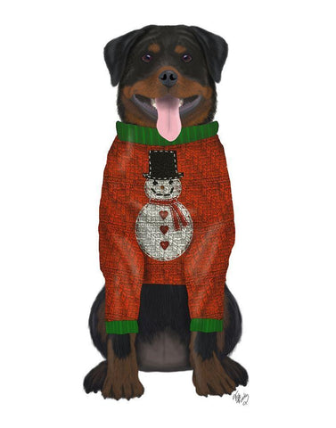 Christmas Des - Rottweiler in Christmas Sweater White Modern Wood Framed Art Print with Double Matting by Fab Funky