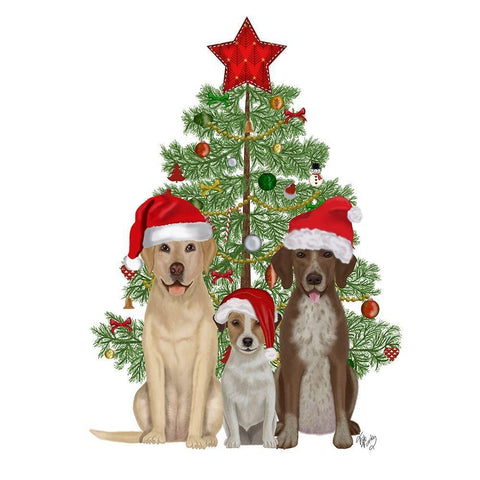 Christmas Des - Dog Trio Christmas Tree White Modern Wood Framed Art Print with Double Matting by Fab Funky