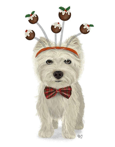 Christmas Des - Westie and Christmas Puds White Modern Wood Framed Art Print with Double Matting by Fab Funky