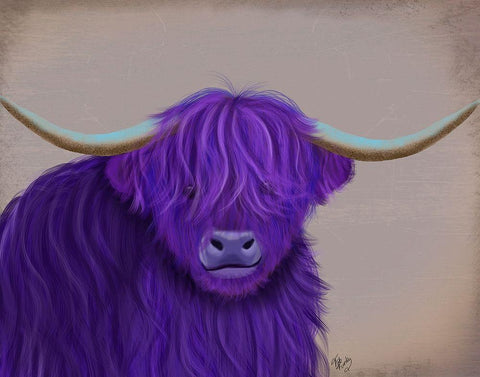 Highland Cow 5, Purple, Portrait Black Ornate Wood Framed Art Print with Double Matting by Fab Funky