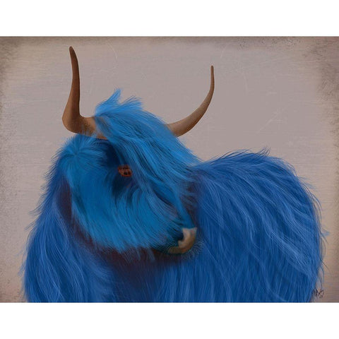 Highland Cow 2, Blue, Portrait Black Modern Wood Framed Art Print with Double Matting by Fab Funky