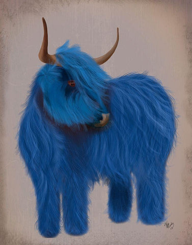 Highland Cow 2, Blue, Full White Modern Wood Framed Art Print with Double Matting by Fab Funky