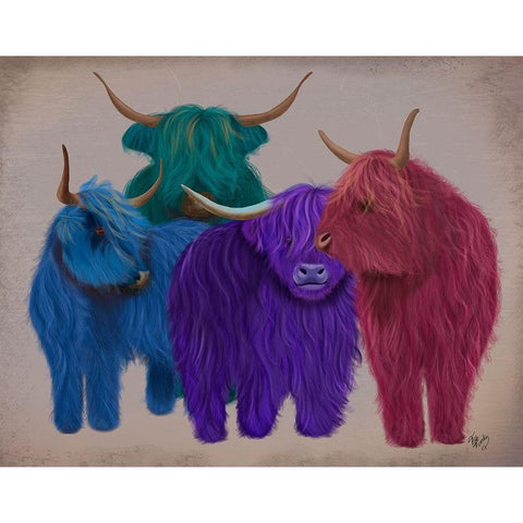 Highland Cows, Multicoloured Herd Black Modern Wood Framed Art Print with Double Matting by Fab Funky