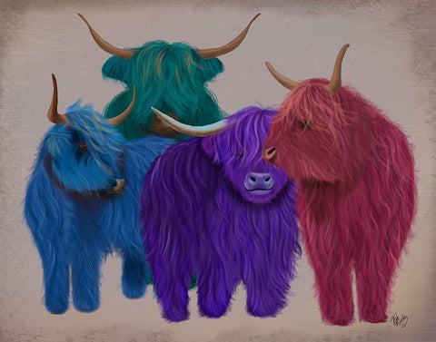 Highland Cows, Multicoloured Herd White Modern Wood Framed Art Print with Double Matting by Fab Funky
