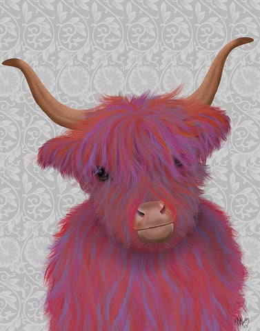 Highland Cow 7, Pink And Purple, Portrait White Modern Wood Framed Art Print with Double Matting by Fab Funky