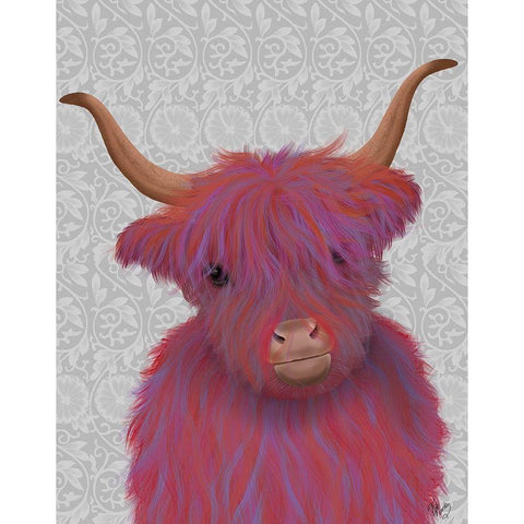 Highland Cow 7, Pink And Purple, Portrait Black Modern Wood Framed Art Print with Double Matting by Fab Funky