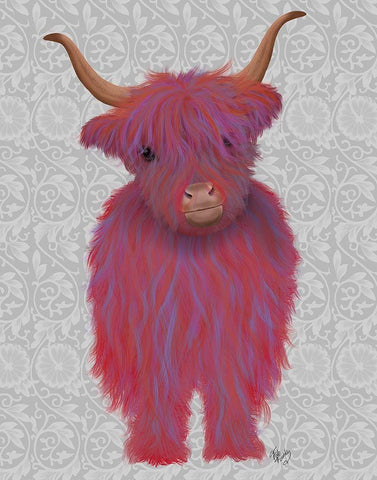 Highland Cow 7, Pink And Purple, Full White Modern Wood Framed Art Print with Double Matting by Fab Funky