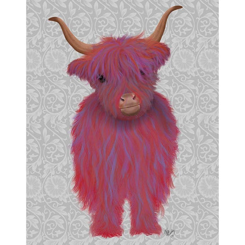 Highland Cow 7, Pink And Purple, Full Black Modern Wood Framed Art Print by Fab Funky