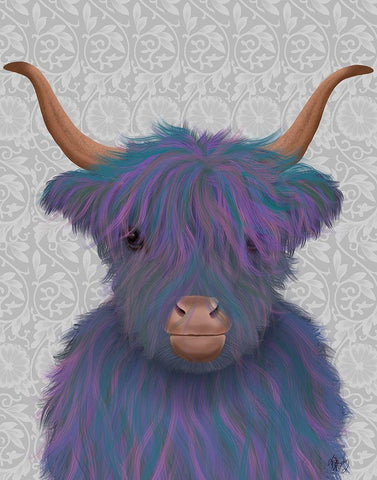 Highland Cow 7, Purple, Portrait White Modern Wood Framed Art Print with Double Matting by Fab Funky