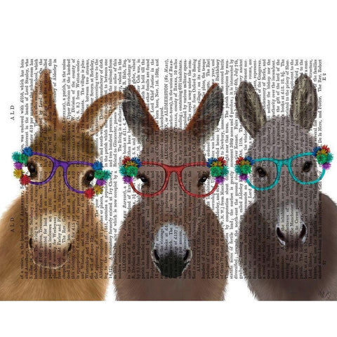 Donkey Trio Flower Glasses Book Print White Modern Wood Framed Art Print by Fab Funky
