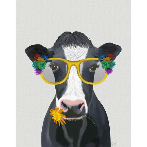 Cow and Flower Glasses Black Modern Wood Framed Art Print with Double Matting by Fab Funky
