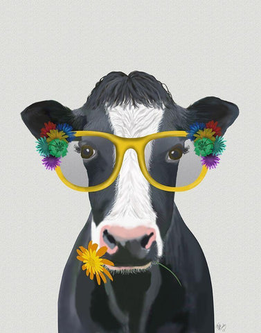 Cow and Flower Glasses Black Ornate Wood Framed Art Print with Double Matting by Fab Funky