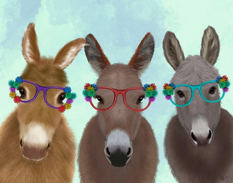 Donkey Trio Flower Glasses Black Ornate Wood Framed Art Print with Double Matting by Fab Funky