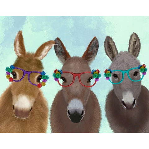 Donkey Trio Flower Glasses White Modern Wood Framed Art Print by Fab Funky