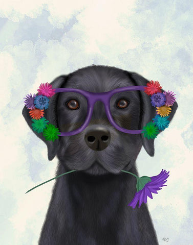 Black Labrador and Flower Glasses Black Ornate Wood Framed Art Print with Double Matting by Fab Funky