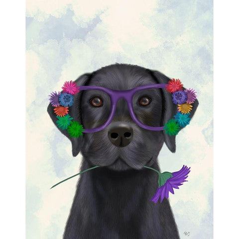 Black Labrador and Flower Glasses Black Modern Wood Framed Art Print with Double Matting by Fab Funky