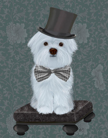 Maltese with Top Hat White Modern Wood Framed Art Print with Double Matting by Fab Funky