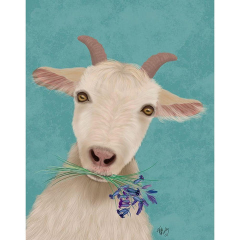 Goat and Bluebells Gold Ornate Wood Framed Art Print with Double Matting by Fab Funky