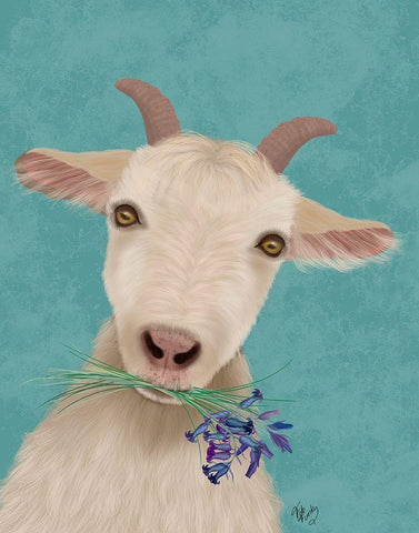 Goat and Bluebells White Modern Wood Framed Art Print with Double Matting by Fab Funky