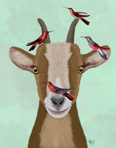 Goat and Red Birds White Modern Wood Framed Art Print with Double Matting by Fab Funky