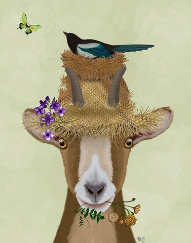 Goat In Straw Hat White Modern Wood Framed Art Print with Double Matting by Fab Funky