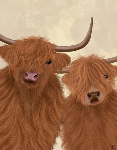 Highland Cow Duo, Looking at You White Modern Wood Framed Art Print with Double Matting by Fab Funky