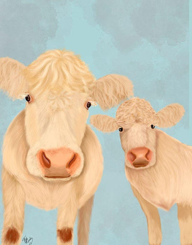 Cow Duo, Cream, Looking at You White Modern Wood Framed Art Print with Double Matting by Fab Funky