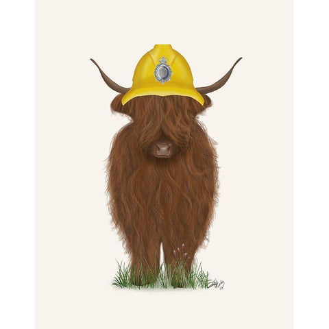 Highland Cow Fireman Gold Ornate Wood Framed Art Print with Double Matting by Fab Funky