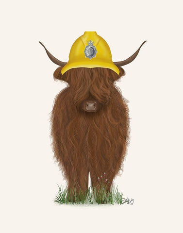 Highland Cow Fireman White Modern Wood Framed Art Print with Double Matting by Fab Funky